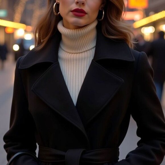 NWT Classic Black 100% Wool Double Breasted Belted Winter Coat - Picture 10 of 10